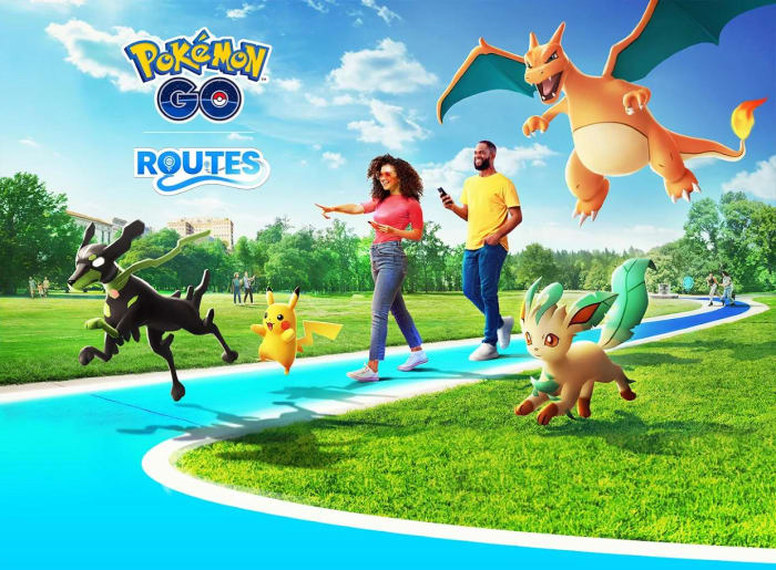 Pokémon Go Routes poster showing trainers following a set path with their Pokémon.