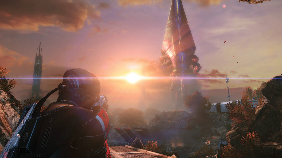Commander Shepard stares down a reaper in Mass Effect Legendary Edition.