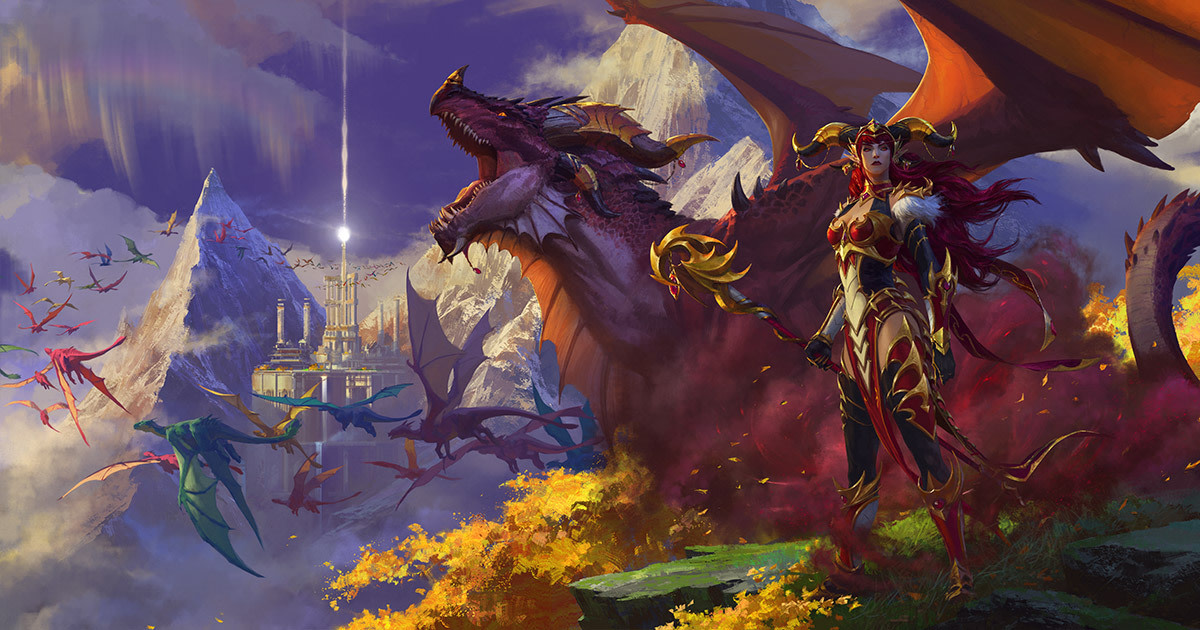 A colourful image of a mage and a dragon in World of Warcraft: Dragonflight.