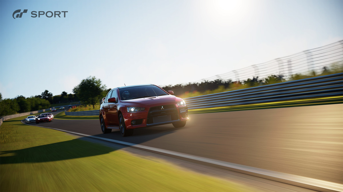 A car speeds down the track in GT Sport.