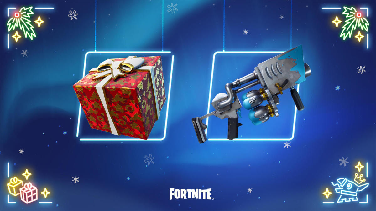 Fortnite Holiday present item and Snowball Launcher weapon