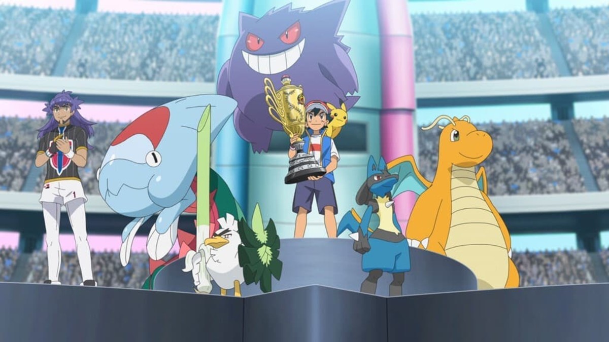 Pokemon anime Ash and his team holding the world championship trophy