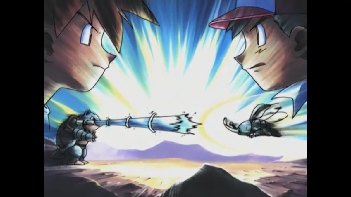 Pokemon anime Gary and Blastoise facing Ash and Heracross