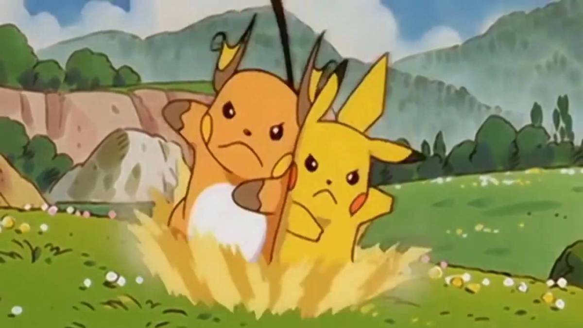 Pokemon anime Pikachu and Riachu crashing into each other