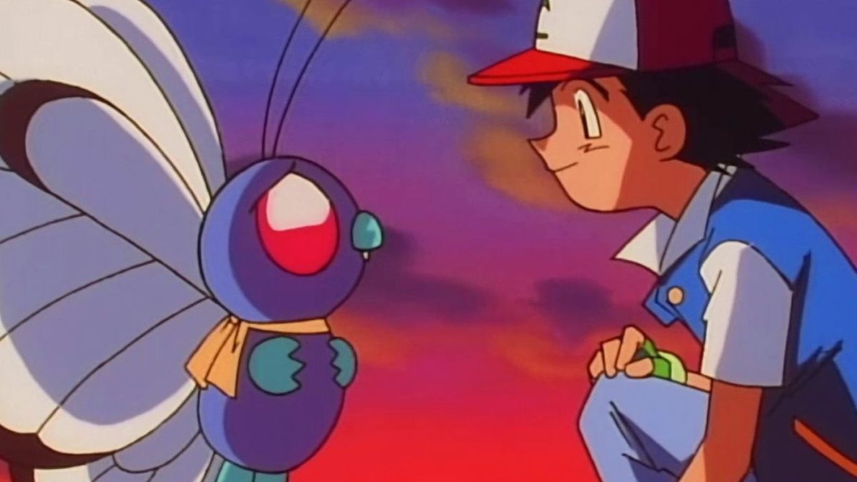 Pokemon anime Butterfree and Ash saying goodbye