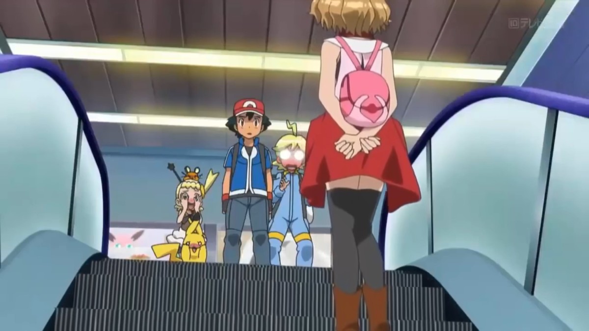 Pokemon anime Ash, Pikachu, Bonnie, and Clement looking embarrased at Serena
