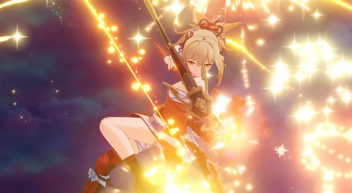 Genshin Impact character Yoimiya uses her fireworks attack skill.