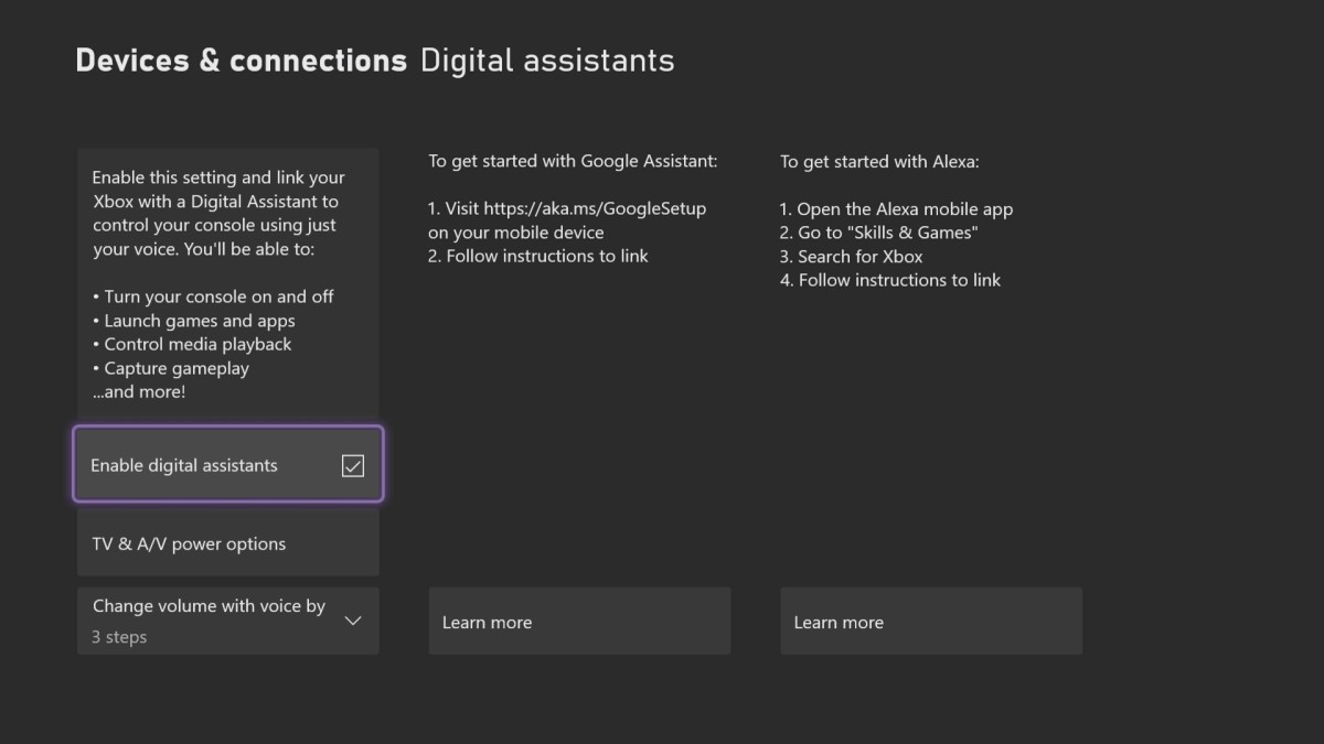 Xbox Series X/S digital assistant setup menu