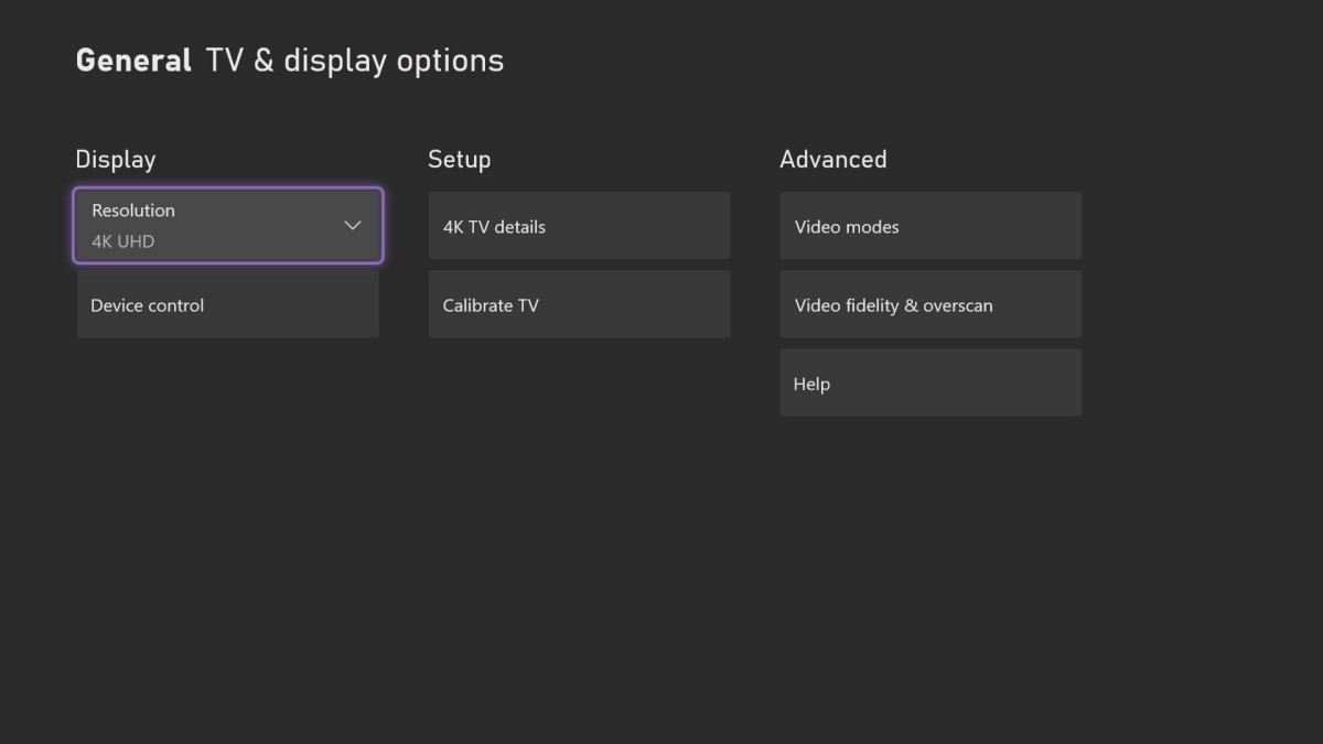 Xbox Series X/S display options menu