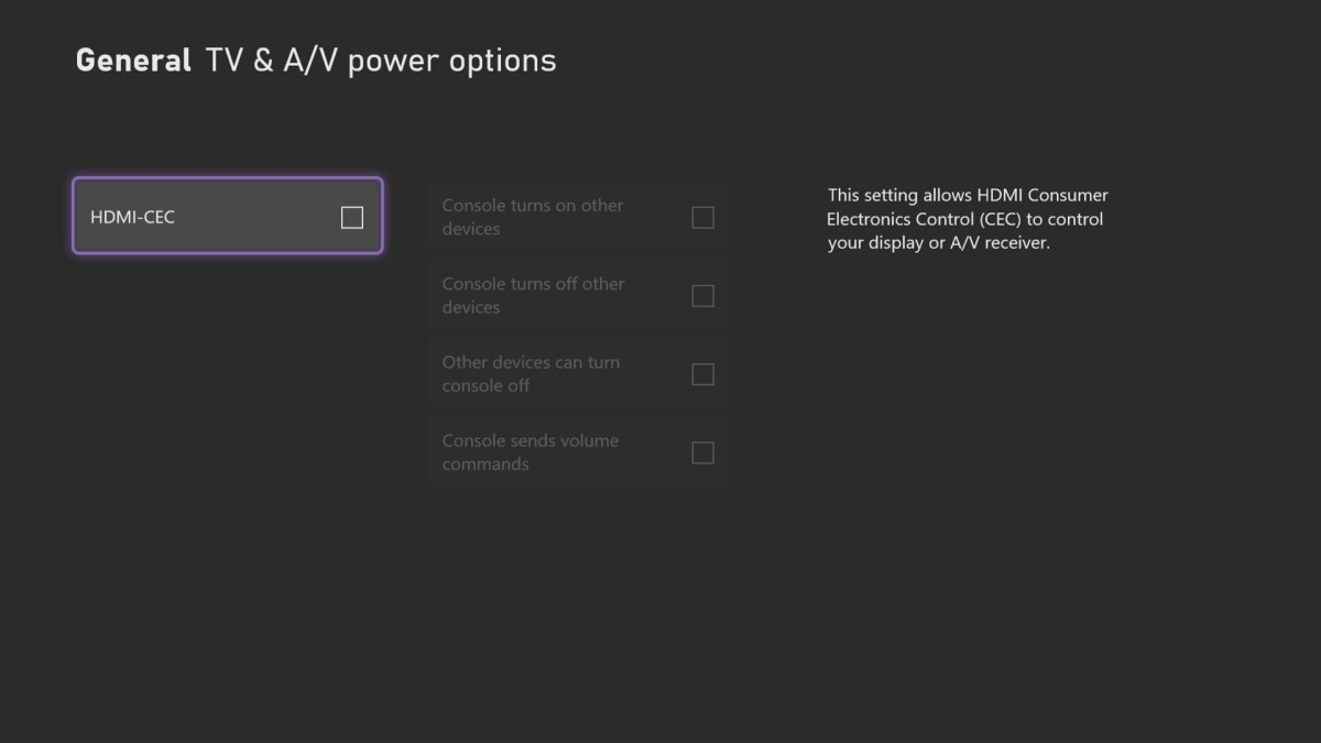 Xbox Series X/S TV & A/V power options menu