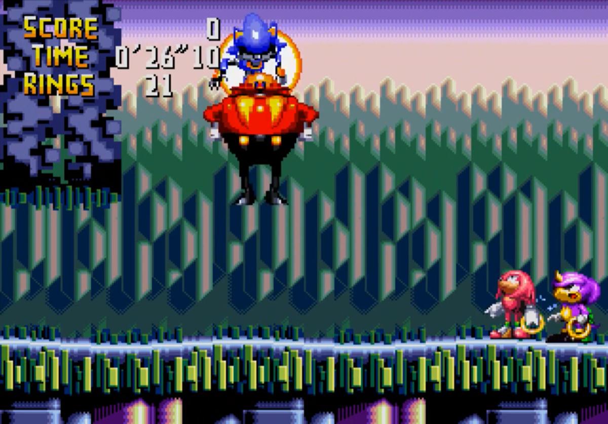 Knuckles Chaotix Metal Sonic grabbing Eggman while Knuckles and Espio watch
