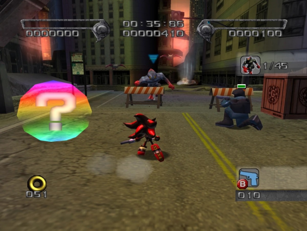 Shadow the Hedgehog in the city carrying a gun