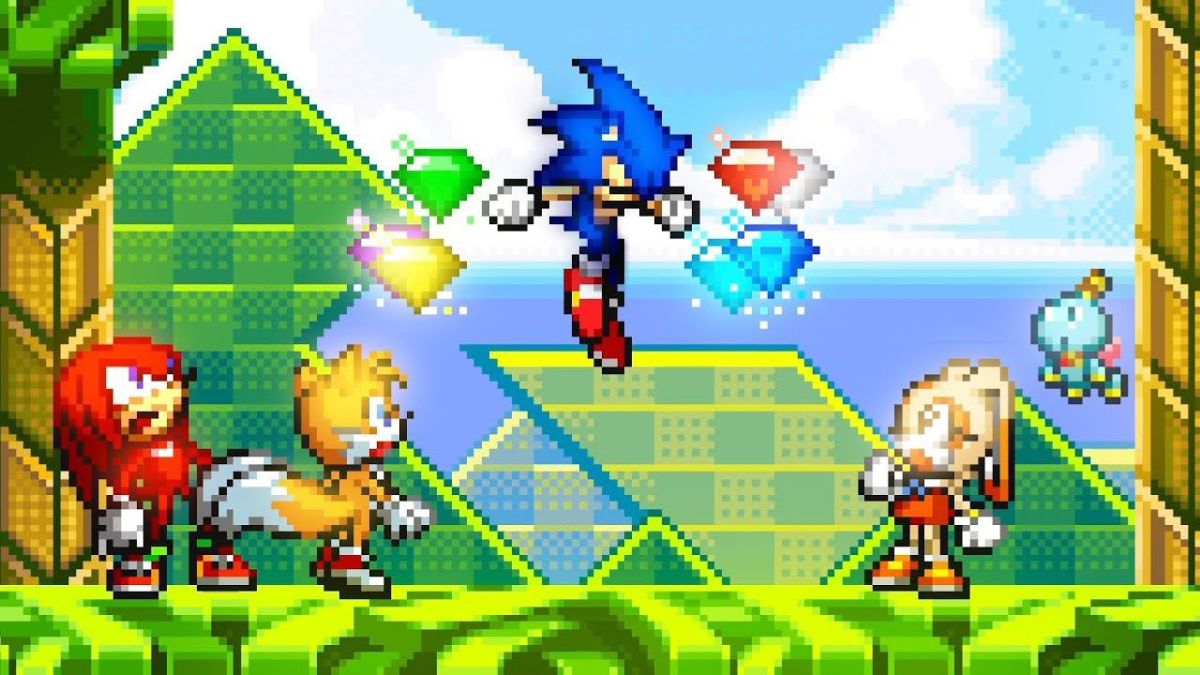 Sonic Advance Sonic getting all the chaos emeralds while Tails, Knuckles, and Cream watch