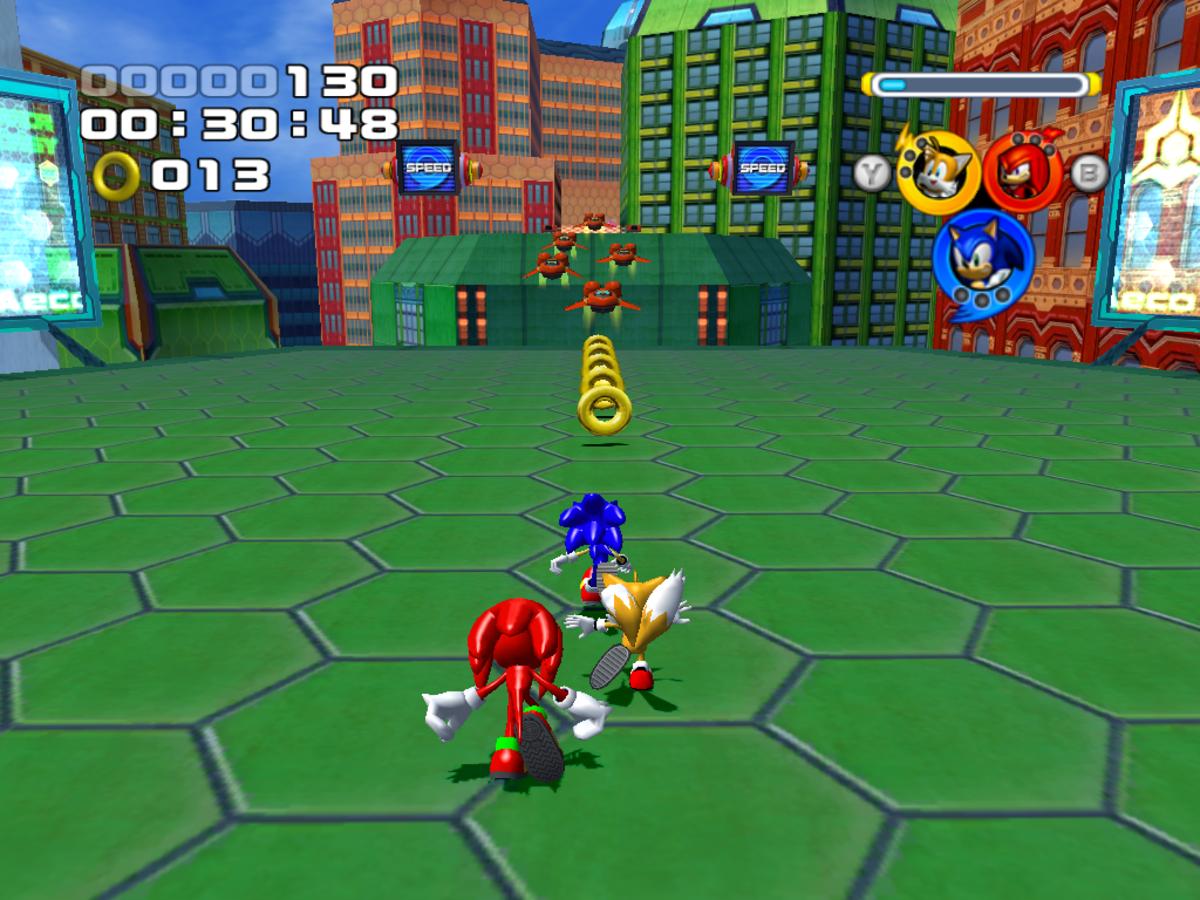 Sonic Heroes Sonic, Tails and Knuckles in Metropolis
