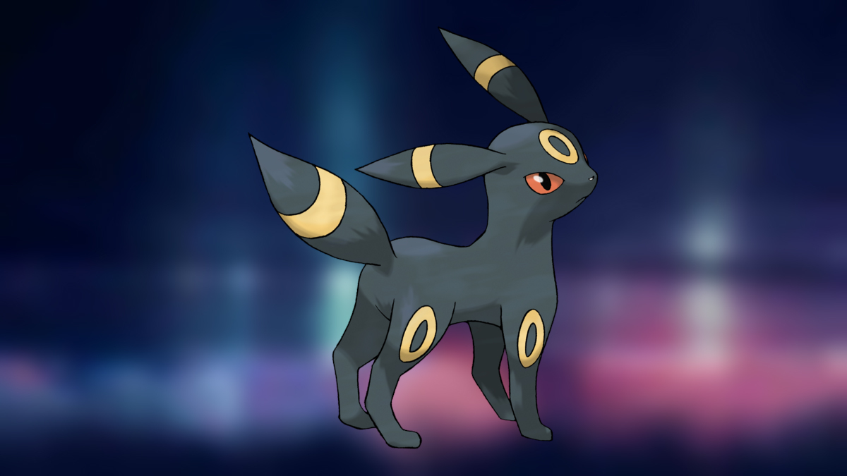 Umbreon on the Pokémon Go Dark-type background.