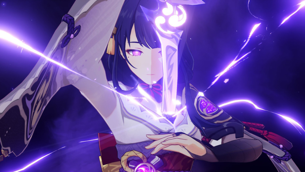A woman with dark blue hair pulls a sword out of her body.