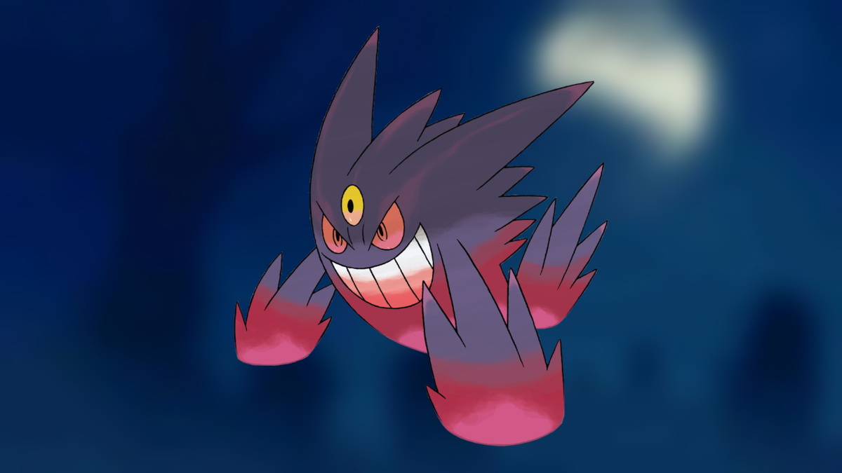 Mega Gengar on the Pokémon Go Ghost-type background.