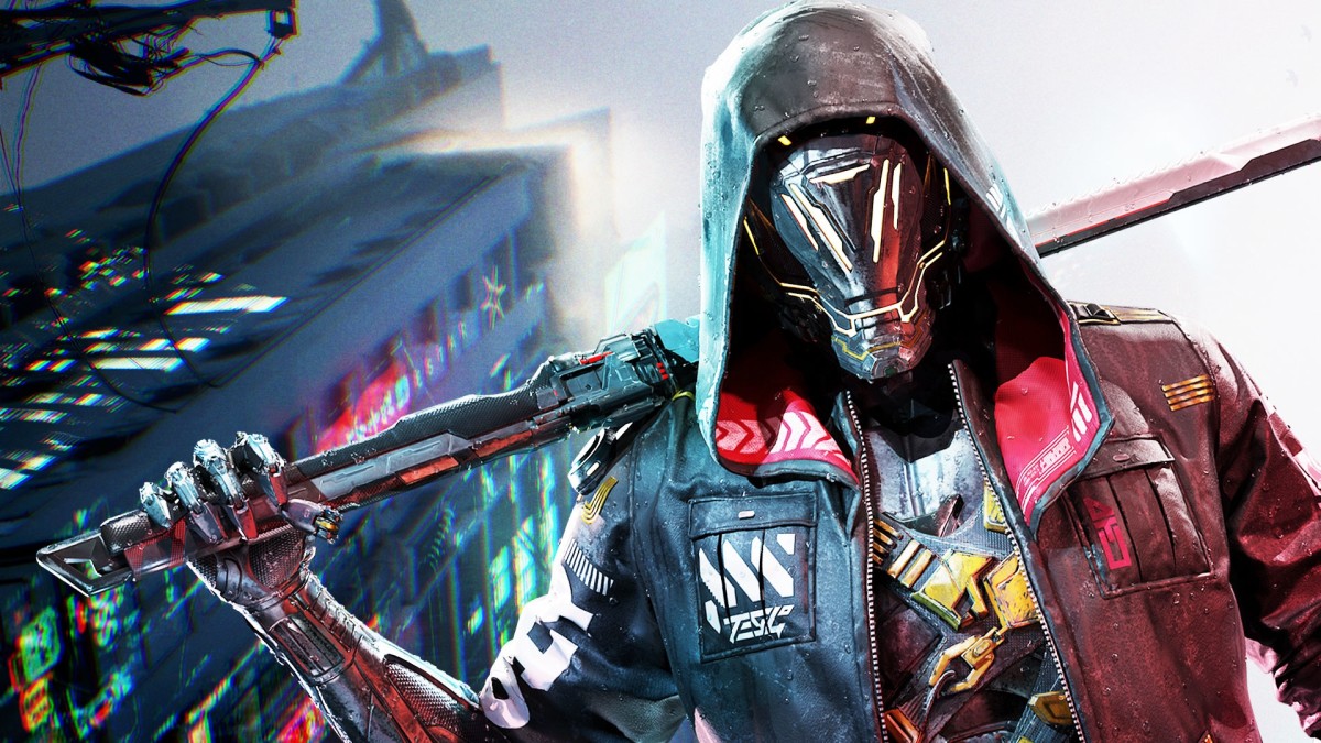 A masked cyborg in a hoodie with a futuristic sword over the shoulder.