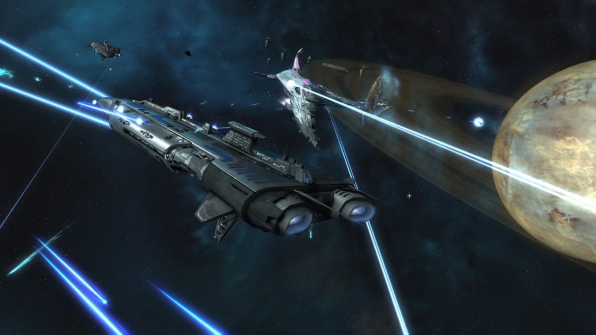 A fleet of starships battling with lasers.
