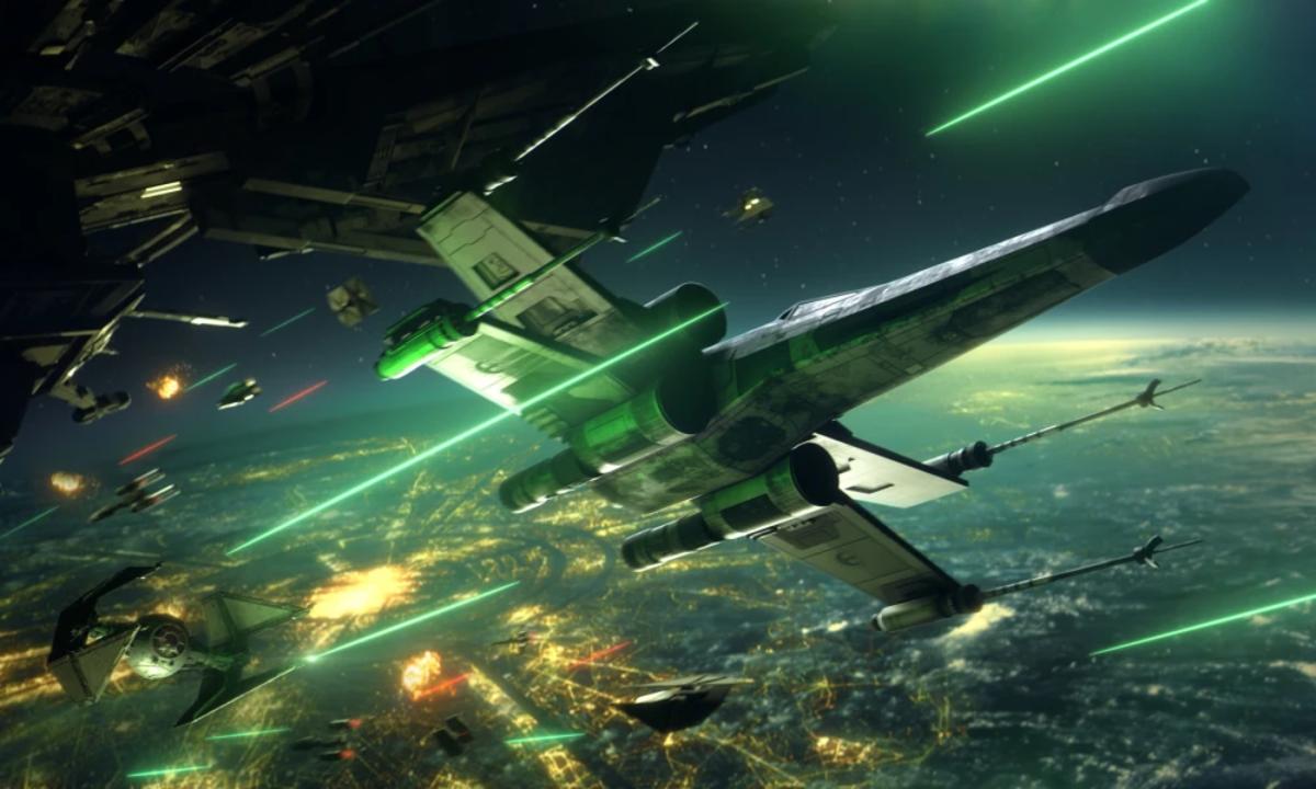 A battle between starfighters in space.