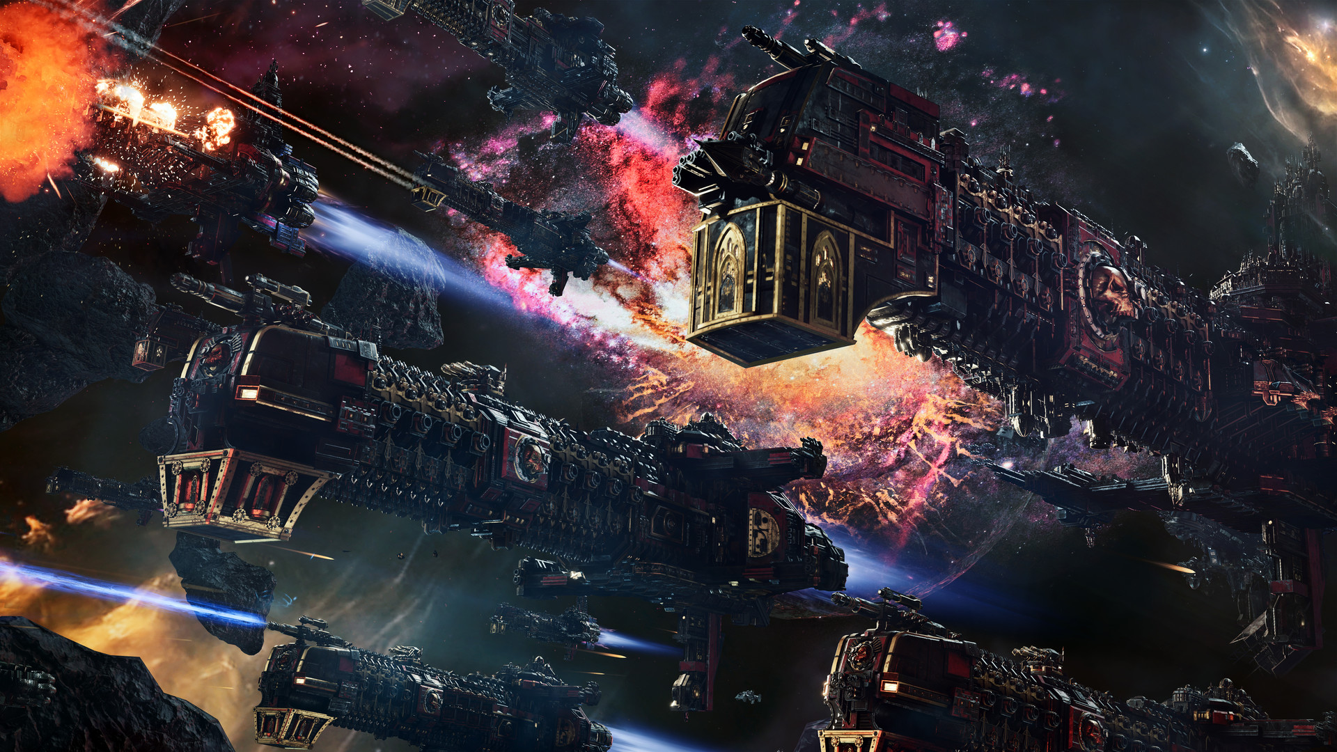 Cathedral-like spaceships shoot off their weapons.