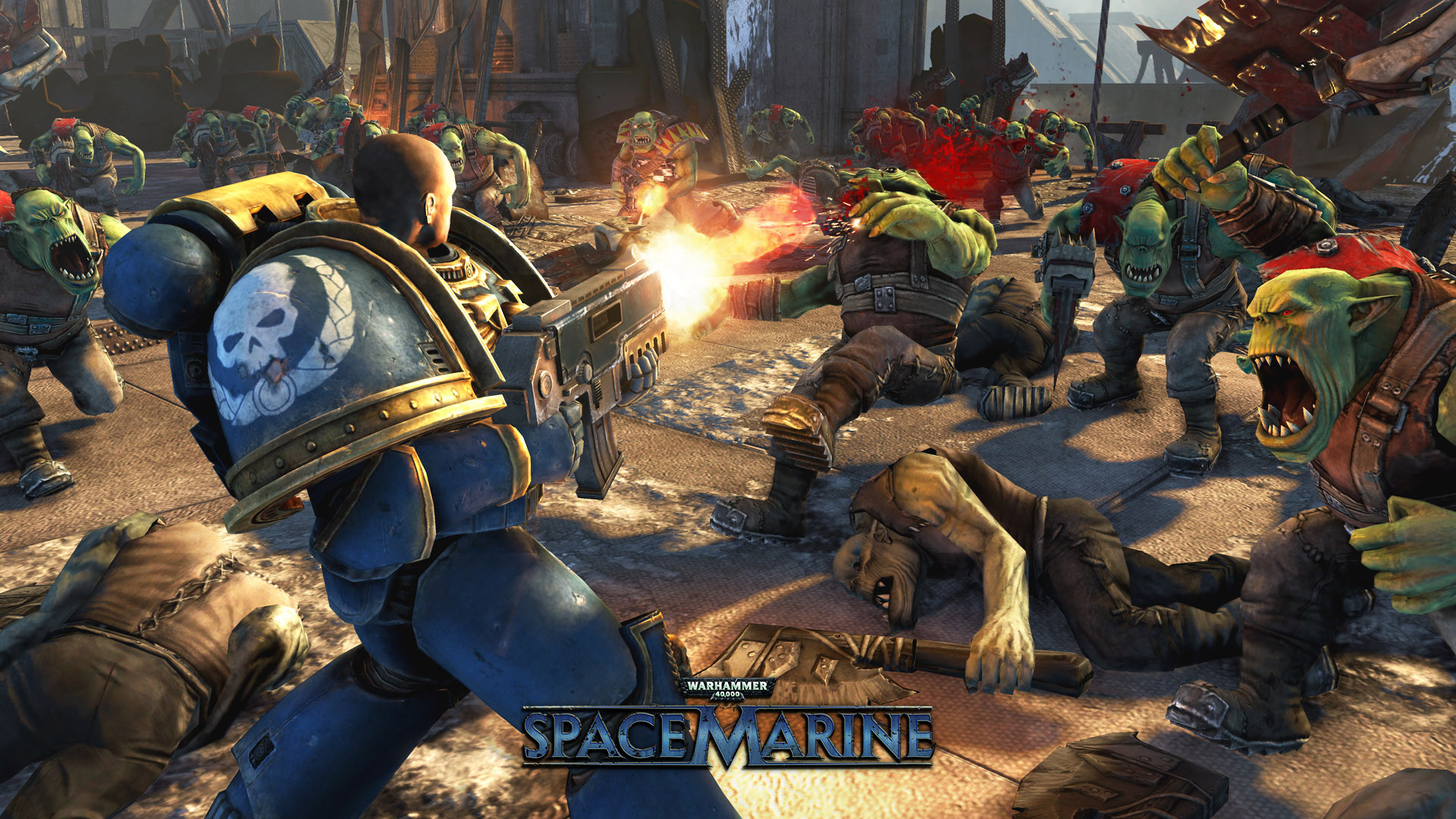 A Space Marine fires into a bunch of Orks.