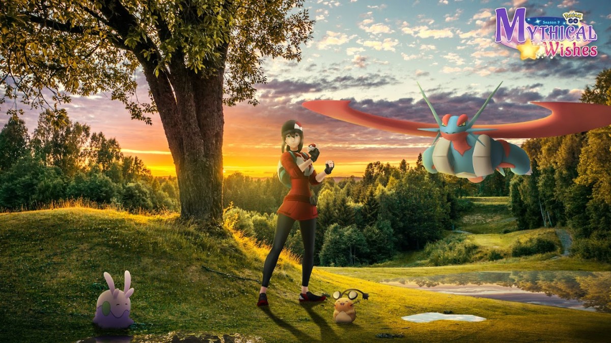 A Pokémon trainer with a huge dragon flying above.