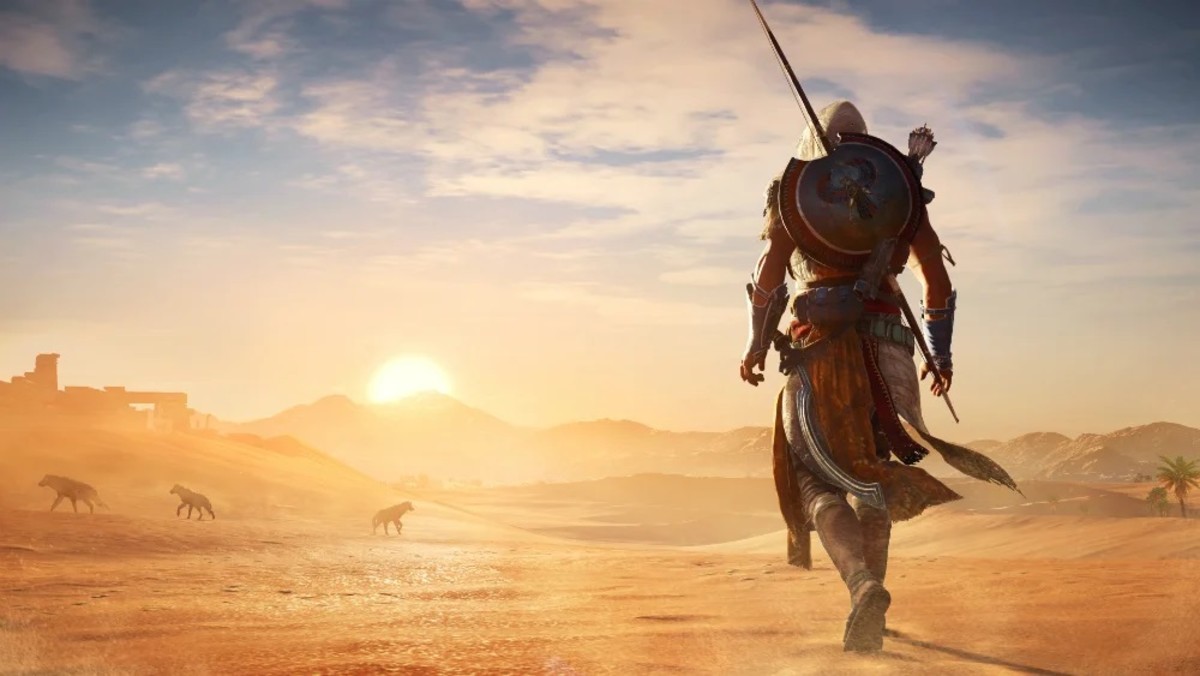 Assassin's Creed Origins, a lone man walking in the desert.