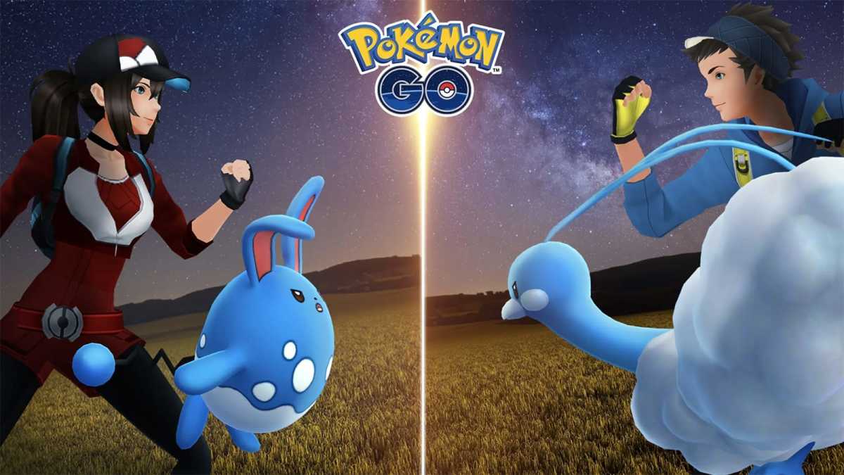Two Pokémon trainers make gestures of battle.