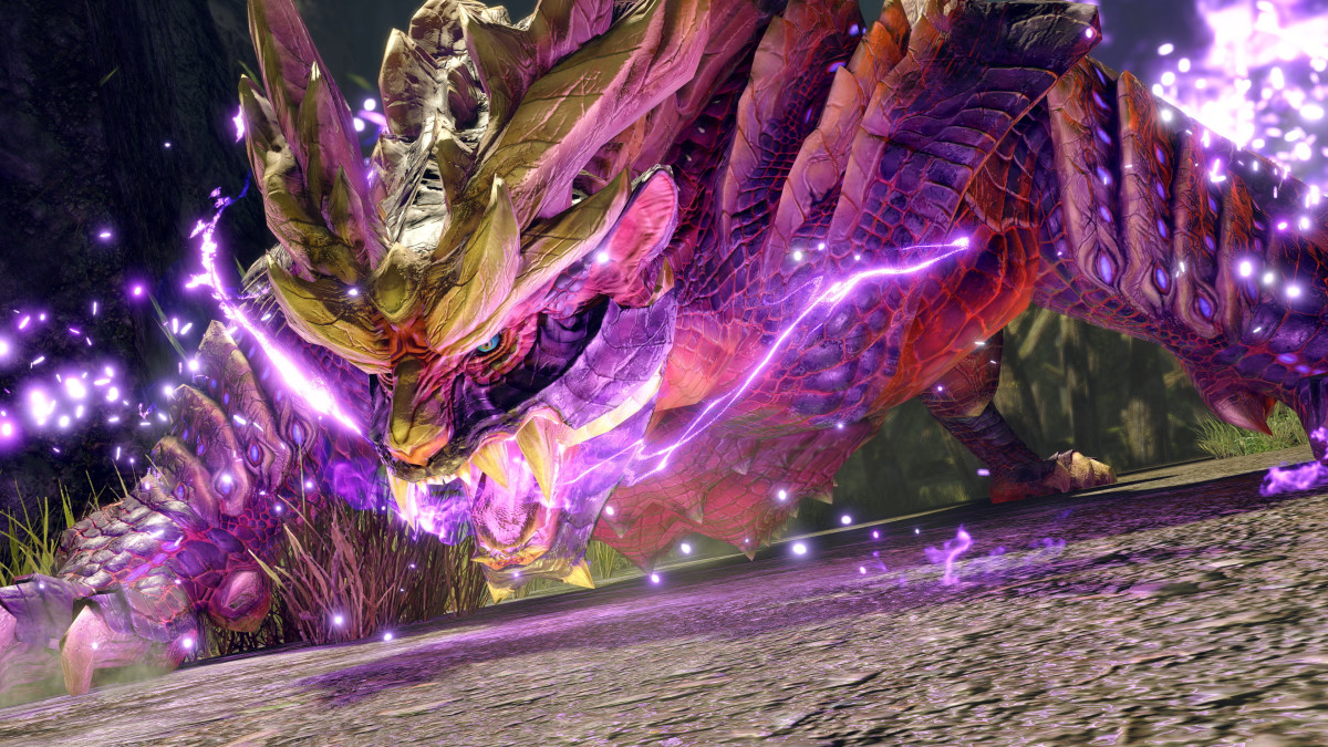 Monster Hunter Rise reptilian monster with purple glow coming from it.