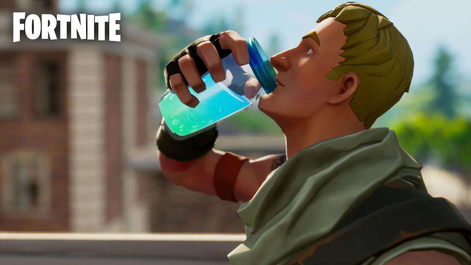 Fortnite character drinking a shield potion