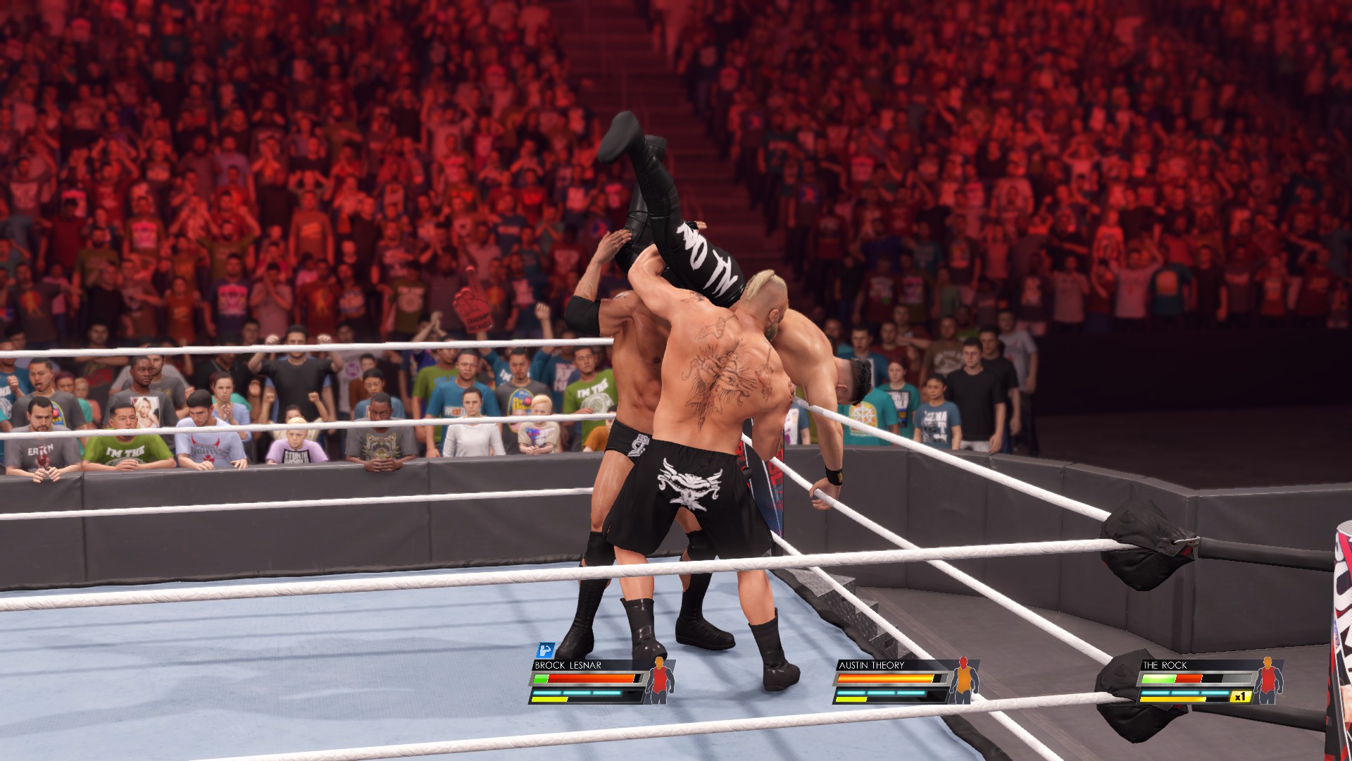 WWE 2K22 Brock and Rock throwing Austin Theoyr out of the ring