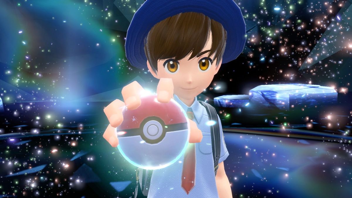 A Pokémon trainer holding a glowing Pokéball towards the camera.