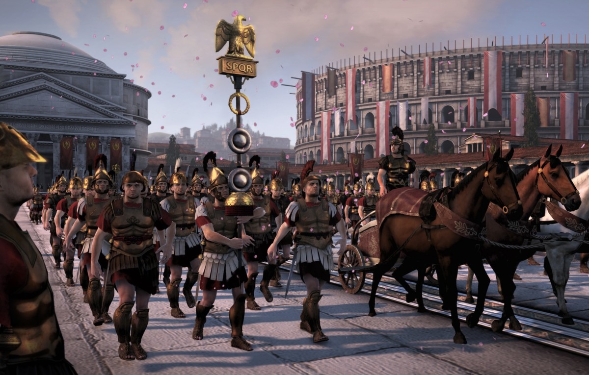 Roman soldiers march in triumph.
