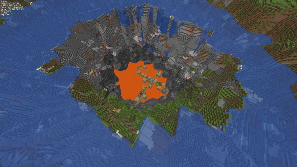 Minecraft NPC village in a sinkhole with lava at the bottom