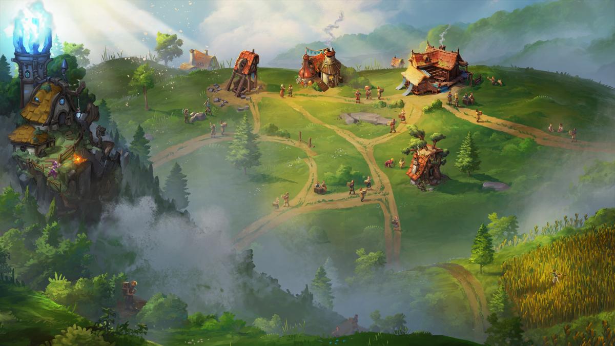 Artwork showing a small fantasy village.