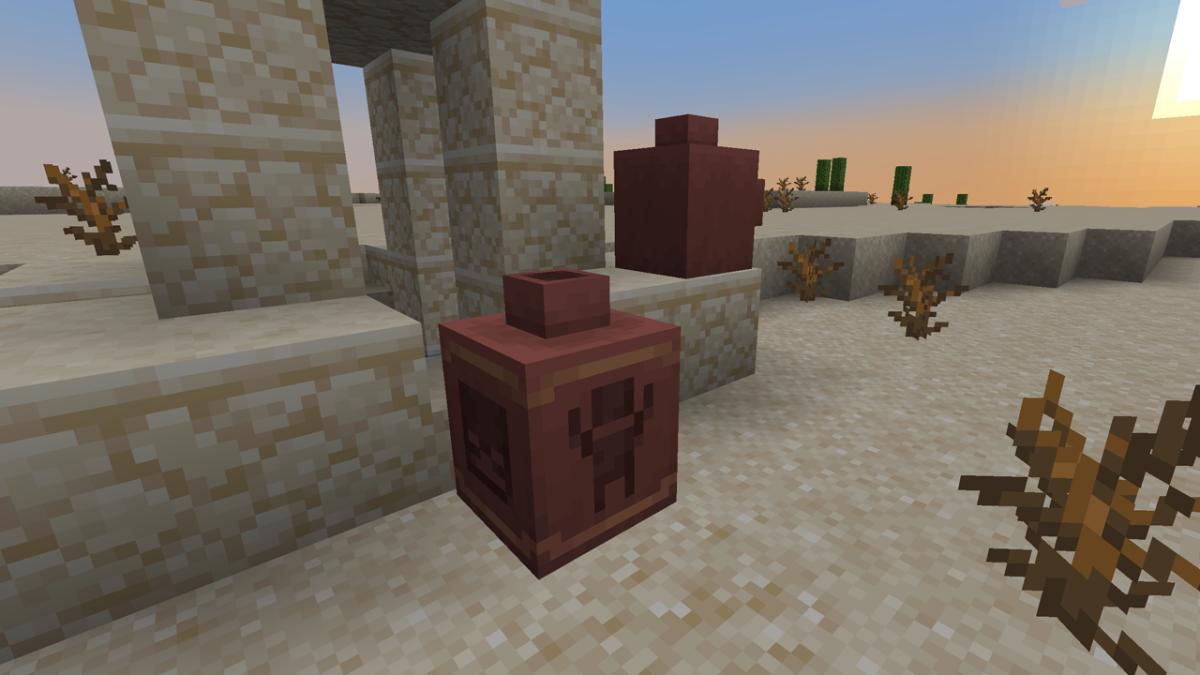 A piece of pottery in a Minecraft desert.