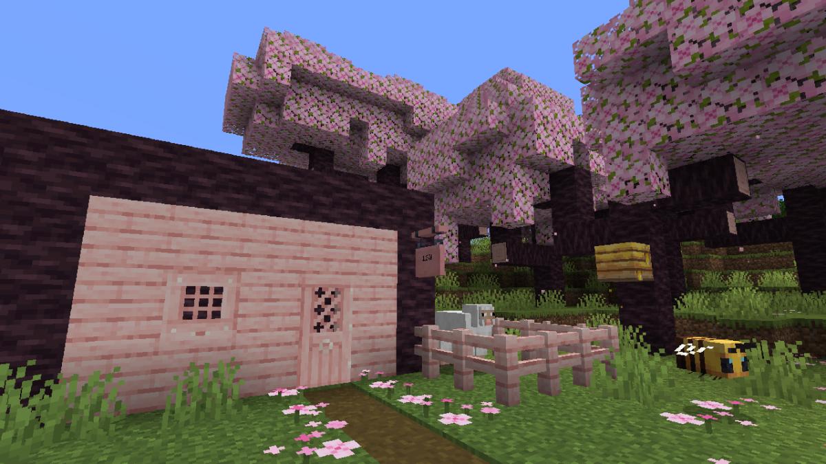 A Minecraft house built from Cherry Blossom wood.