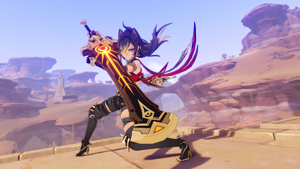 Dehya in Genshin Impact holding her signature weapon.