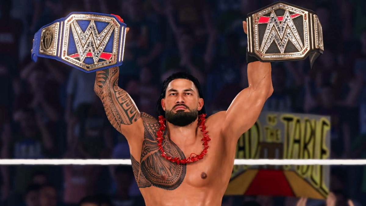 WWE 2K23 Roman Reigns holding both titles