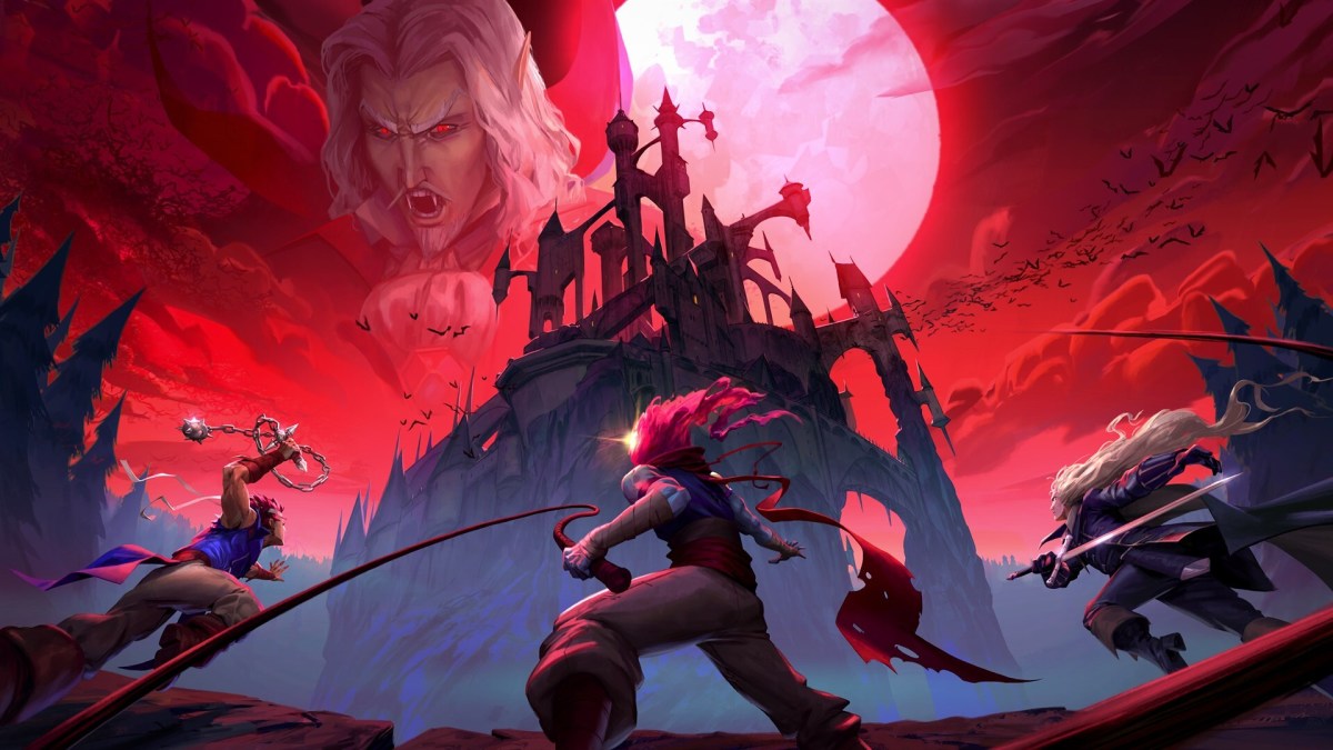 Key art from Dead Cells: Return to Castlevania, showing the Dead Cells protagonist alongside Castlevania characters Richter Belmont and Alucard in front of Dracula's Castle.