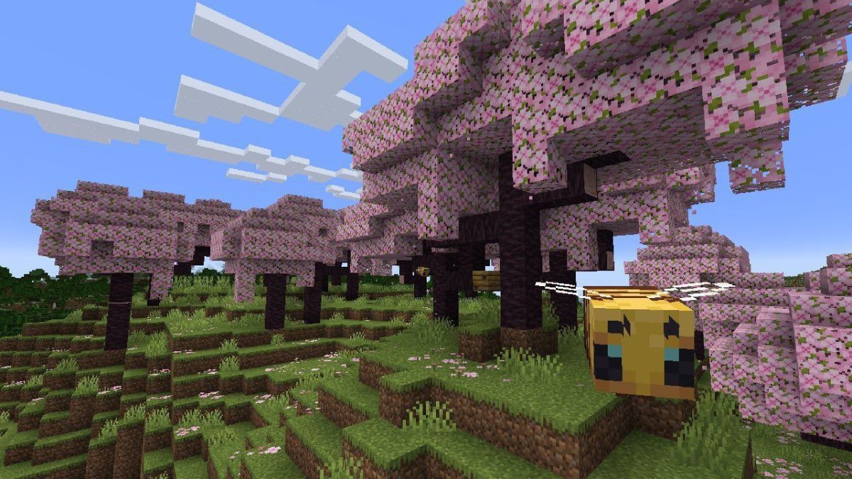 Cherry groves in Minecraft are covered with blossom petals on the ground.