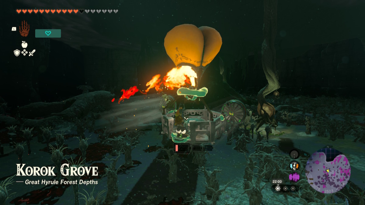 A screenshot from Tears of the Kingdom showing a player-built hot air balloon in a shadowy forest. Overlaid is text that says "Korok Grove - Great Hyrule Forest Depths".