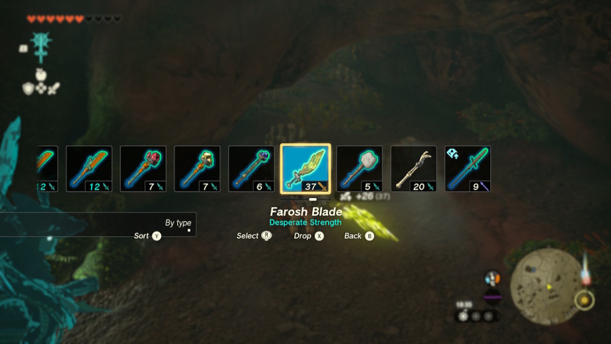 A Tears of the Kingdom screenshot showing the weapon selection panel. A number of weapons are shown, with a highlighted weapon called Farosh Blade, under which is a label that says Desperate Strength.