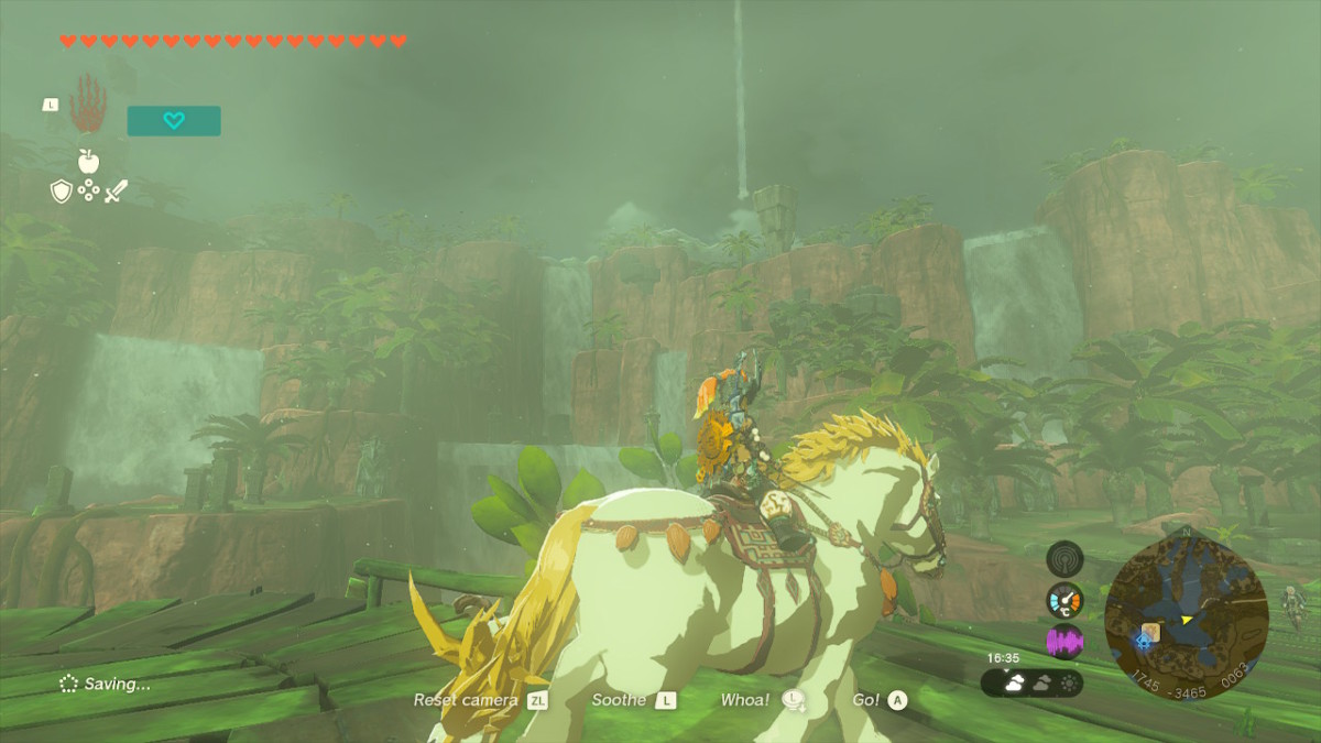 A Tears of the Kingdom screenshot showing Link atop a large horse on a suspended bridge. The bridge overlooks a series of waterfalls and palm trees.
