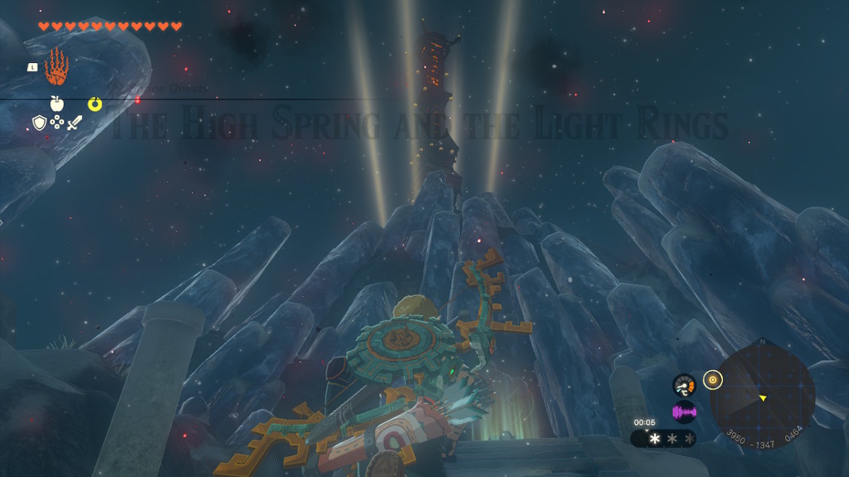 A Tears of the Kingdom screenshot showing Link standing in front of a large crystalline structure adorned by lights.