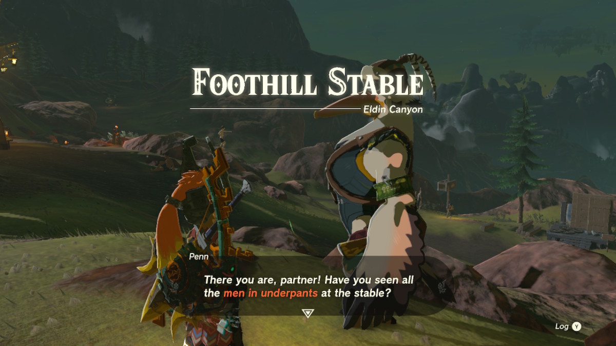A screenshot of Tears of the Kingdom showing Link talking to a Rito named Penn. A text box shows Penn saying the following: "There you are partner! Have you seen all the men in underpants at the stable?". Overlaid is text that says "Foothill Stable - Eldin Canyon"