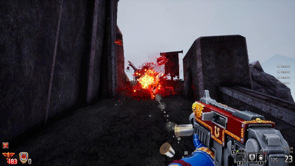 Warhammer Boltgun killing an enemy