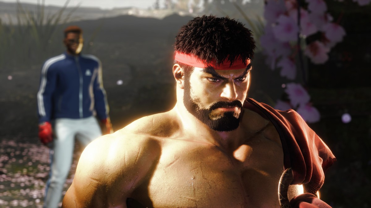 Ryu walks past the camera as the player created character stares in Street Fighter 6.
