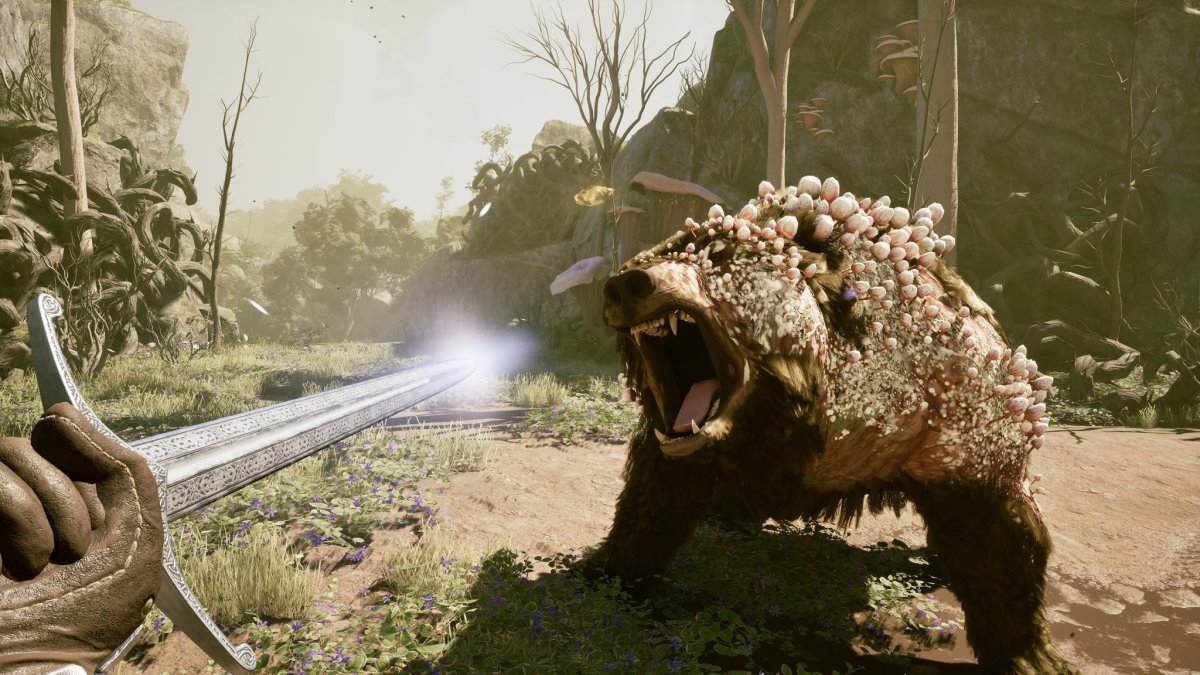 Avowed from a first-person perspective -- the player aims a sword into the gaping mouth of a bear infected with some kind of alien fungus.